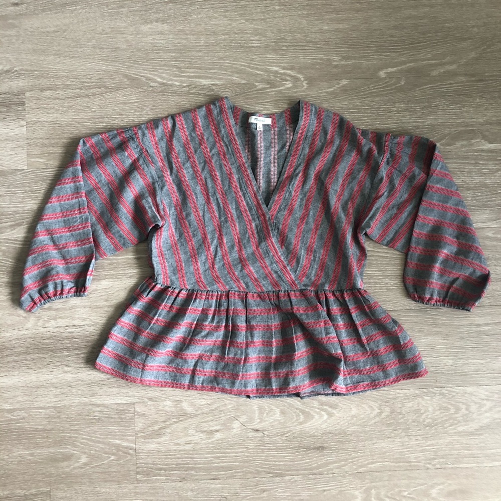 Madewell Striped Bubble-Sleeve Peplum Top